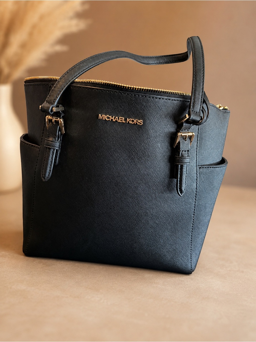 Michael Kors Charlotte Black Leather Purse with Gold Accents